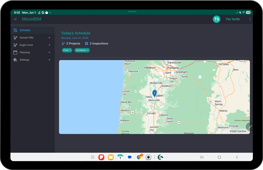 MoonBIM tablet view showing inspector daily route and stops. Placeholder: replace with final screenshot.